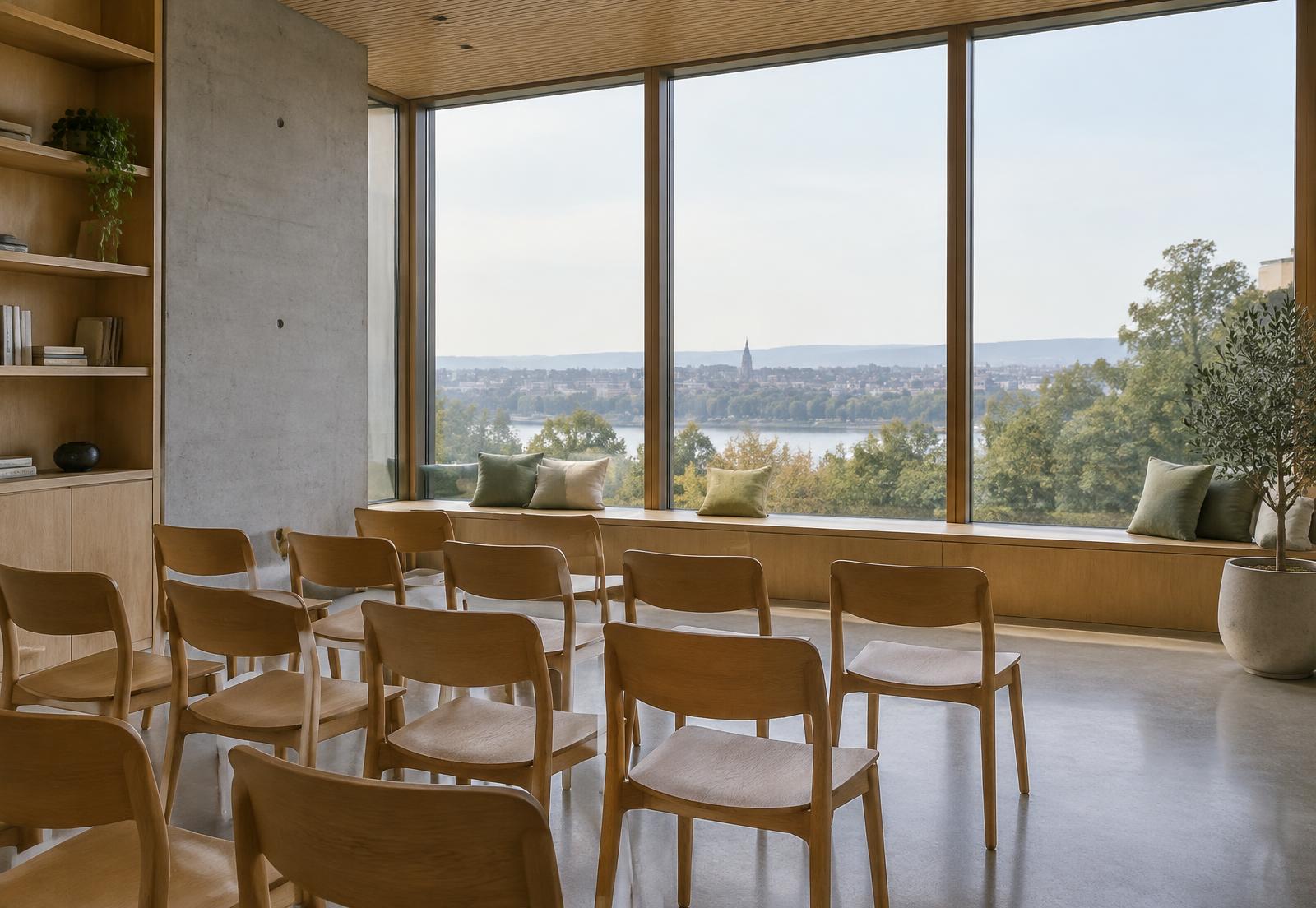 A quiet multipurpose room with wooden chairs arranged near tall windows