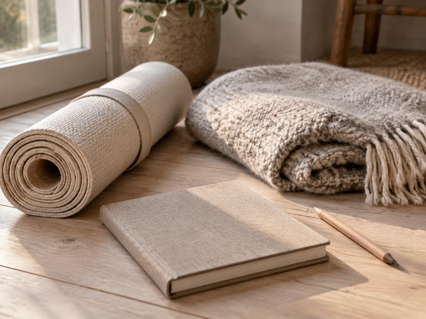 A rolled mat, folded blanket, and notebook set out on a wooden floor