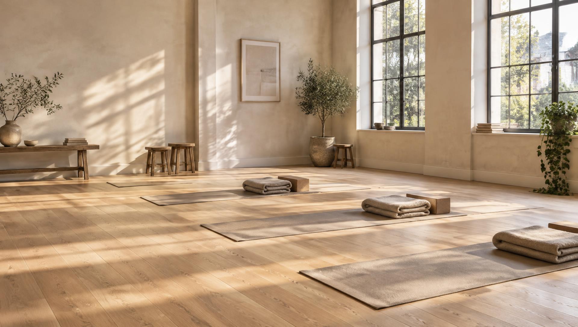 A quiet, light-filled studio with mats and blankets set out before a session